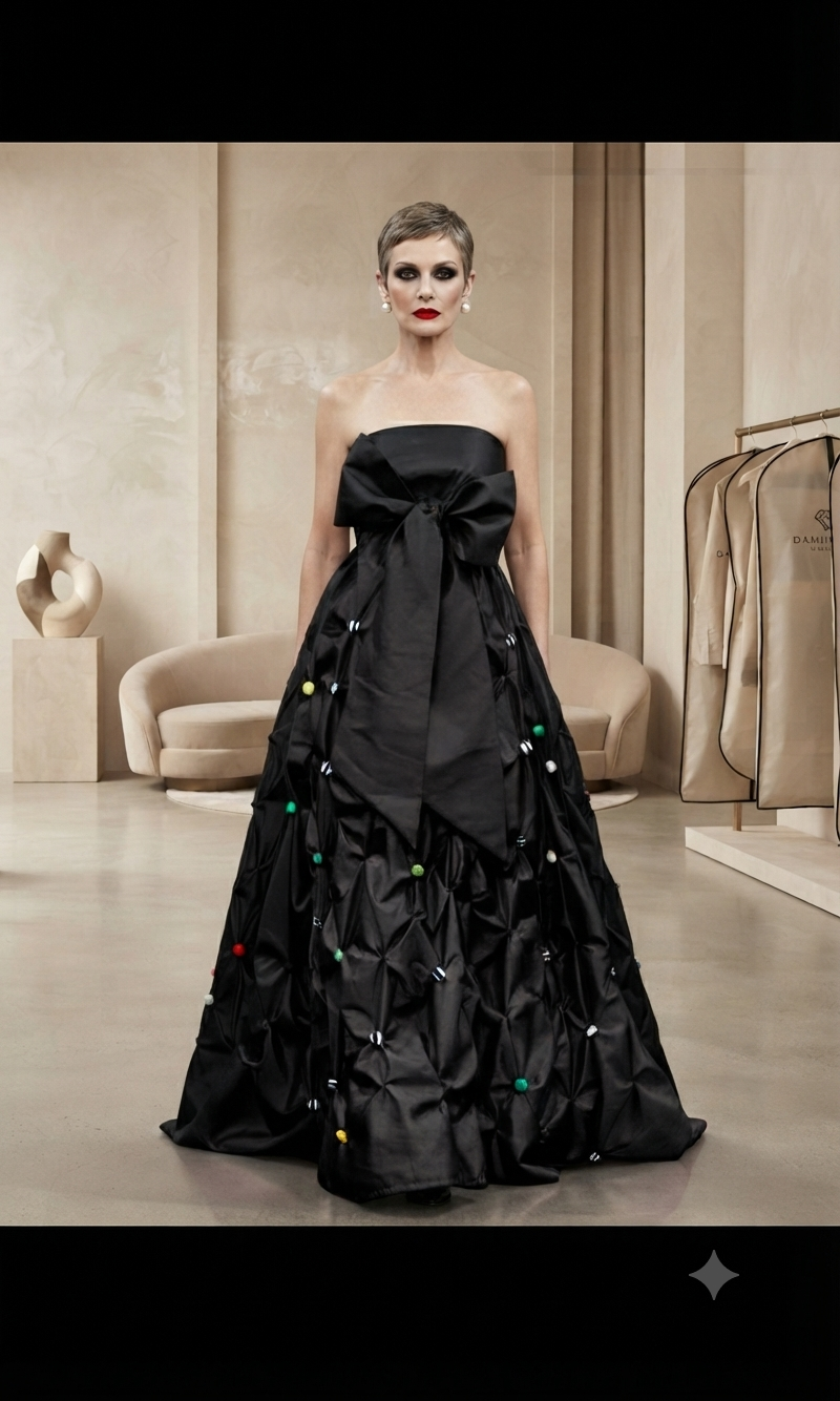 Full-length black Charlotte Gown representing the House philosophy