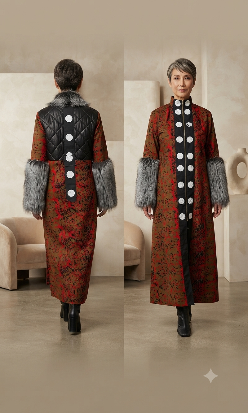 Front and back full-length views of a red patterned OOO-AṢA coat