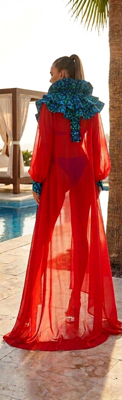 Back view of the SWB Riviera Robe RR-019 in sheer red with printed collar