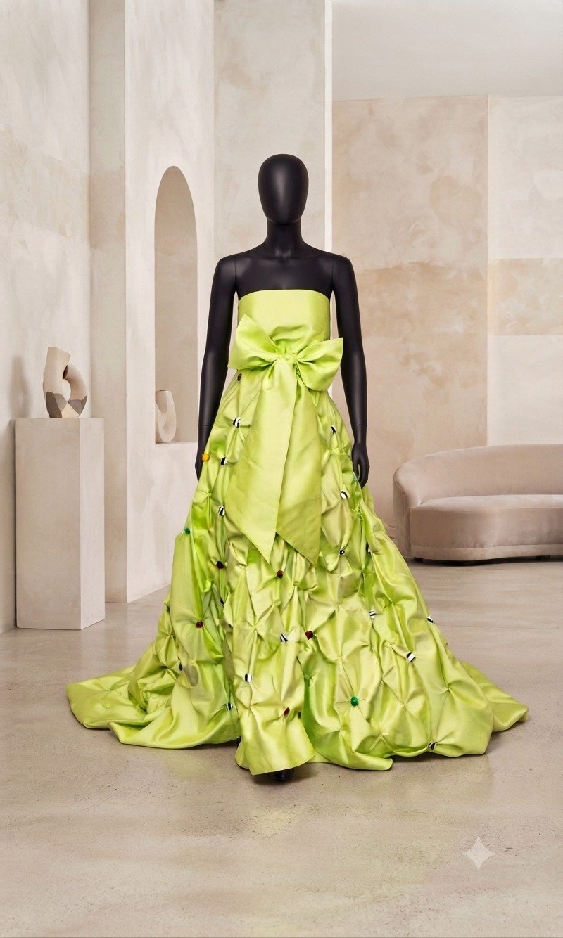 Chartreuse Charlotte Gown displayed on a mannequin