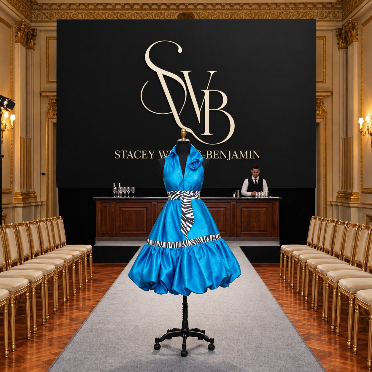 Cerulean Cloud blue satin gown with zebra-print sash, displayed on a dress form